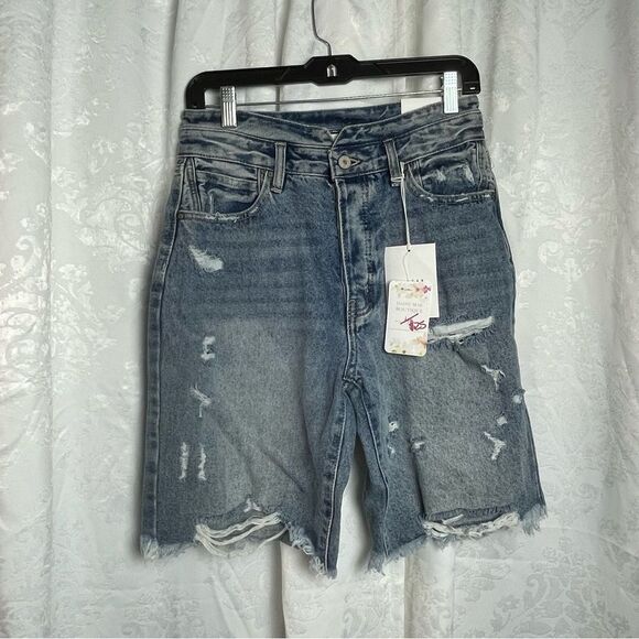 KanCan Ultra High Rise Bermuda Distressed Denim Shorts - Picture 1 of 7
